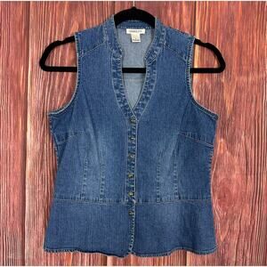 Vintage Harolds Blue Button Up Denim Top Sleeveless Cotton Blend Womens Size 4
